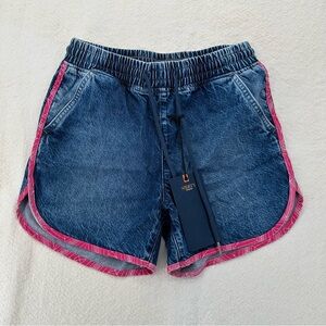 Beachy/Surfer Vibe Denim Jogger Shorts with Pink Trim